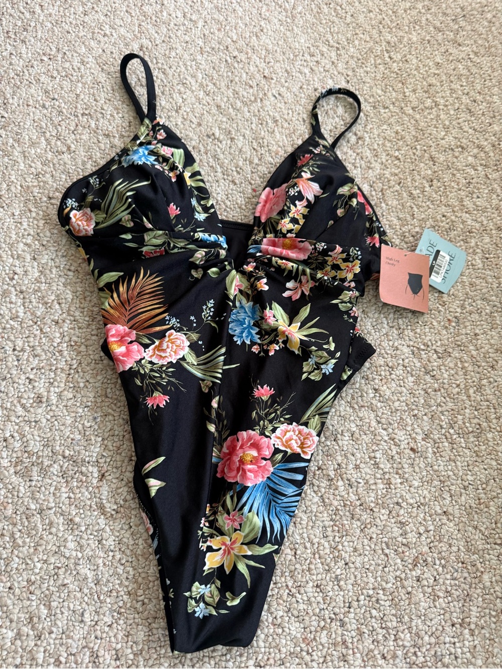 Women’s Shade & Shore Black Floral High Leg Cheeky Swimsuit Large New